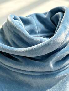 Women Cowl Neck Velvet Sweatshirt, Long Sleeve Drop Shoulder Top With Button Cuffs, Casual Fall Winter Loose Pullover - Blue - View 5