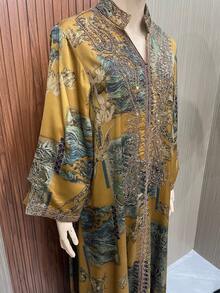 New Ramadan Women's Ramadan Rope Embroidery Print Craft Long Robe Light Luxury Elegant Stand Collar Abayas Dress - NC237 Yellow - View 4