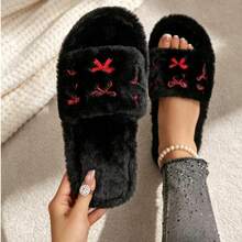 Women's Plush Open Toe Slippers, Red Bow Embroidery Decor, Warm & Non-Slip, Suitable For Indoor Bedroom Home Wear - Black - View 12