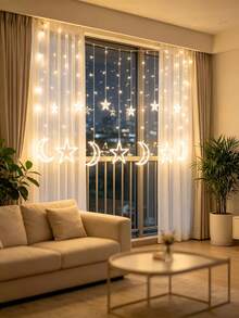 1PC 138LED Moon Star Curtain Fairy Lights, USB Operated 8 Lighting Modes Warm White String Light, Indoor Window Wall Decor For Holiday Birthday Party - Warm Light - View 13