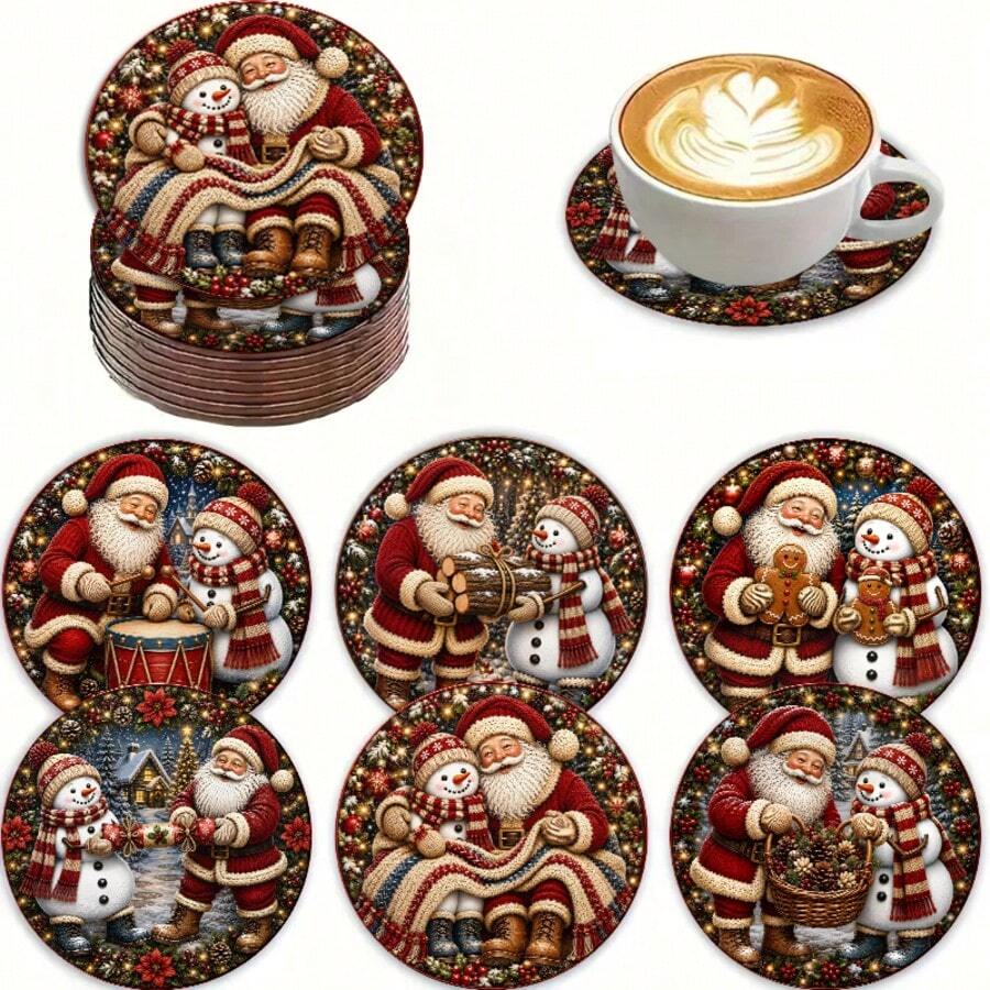 6pcs Santa Claus Pattern Wooden Coasters, Coffee Cup Coasters, Suitable For Home And Restaurant Decoration, Daily Gifts, Tabletop Decor, Daily Decoration, Theme Party Decoration