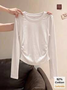 Autumn Long Sleeve T-Shirt, White Women's Long Sleeve Top, Versatile Slim Fit Solid Color Inner Layer - White - View 2
