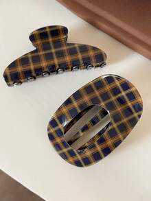 2pcs/1pc Vintage Plaid Curved Claw Hair Clips Women Fashion Glossy Preppy Style Bun Clips Suitable For Daily Commute Wear - Multicolor - View 7