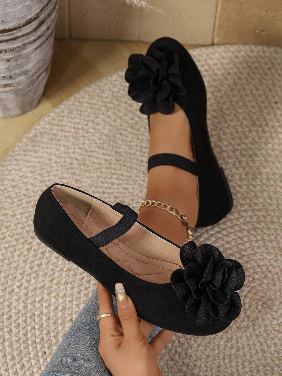 Women's Fashion 3D Flower Decor Strap Ballet Flats, Round Toe Slip-On, Daily Commute & Party Shoes - Black - View 1