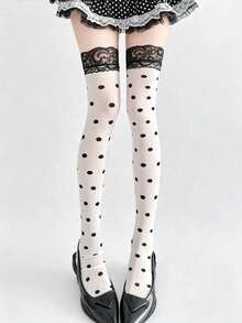1 par de medias largas por encima de la rodilla para mujer con lunares negros & blancos, calcetines de seda con patchwork de encaje dulce, calcetines estilo Lolita vintage escolar hasta el muslo, accesorio para conjunto con falda y fiesta - Multicolor - Ver 1