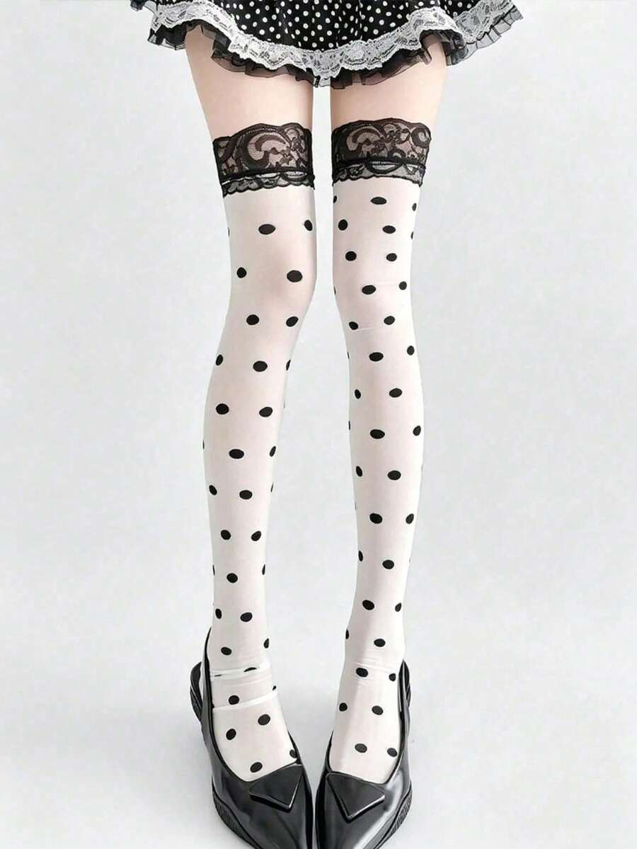 1 par de medias largas por encima de la rodilla para mujer con lunares negros & blancos, calcetines de seda con patchwork de encaje dulce, calcetines estilo Lolita vintage escolar hasta el muslo, accesorio para conjunto con falda y fiesta - Multicolor - Ver 1