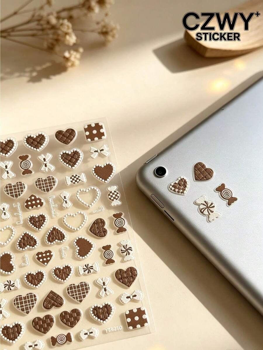 1pc Maillard Brown Plaid Heart Decorative Sticker With Tweezers, Laptop Sticker, Phone Decoration Sticker, Compatible With Phone Case, Tablet, Earphone Case, Vintage Atmosphere Decorative Sticker For Device Shell - Vintage Style - View 1