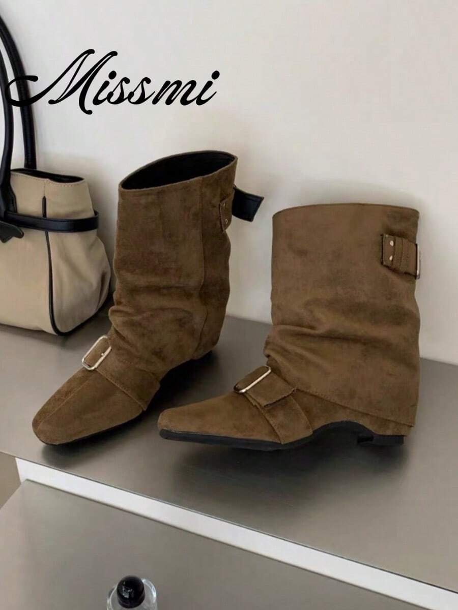 بوتات ركوب نسائية بأسلوب المدونة الفرنسية، برأس مدبب وساق عريضة تصل إلى الركبة، بكعب قطة نورديك، موضة إنستغرام - بني - مشاهدة 1