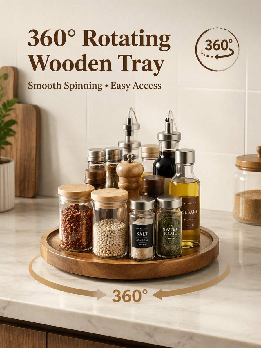 1pc 360° Rotating Solid Wood Round Turntable, Multifunctional Wooden Spice Storage Tray, Kitchen Seasoning Rack, Kitchen Storage Organizer Accessory, Spice Container, Kitchen Decor, Solid Wood Rotating Tray, Fits Kitchen Cabinets And Storage Cabinets, Home Storage Turntable, Christmas, Halloween, Graduation, Birthday Gift