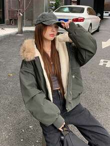 Women's Autumn/Winter Puffer Padded Coat With Large Fur Collar And Hood - Green - View 7