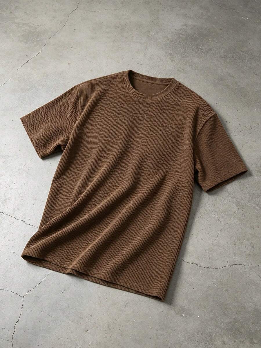 Men's Solid Color Waffle Knit Texture T-Shirt, Round Neck Drop Shoulder Loose Fit Short Sleeve Casual Top, Suitable For Summer Outdoor Wear - Coffee Brown - View 1