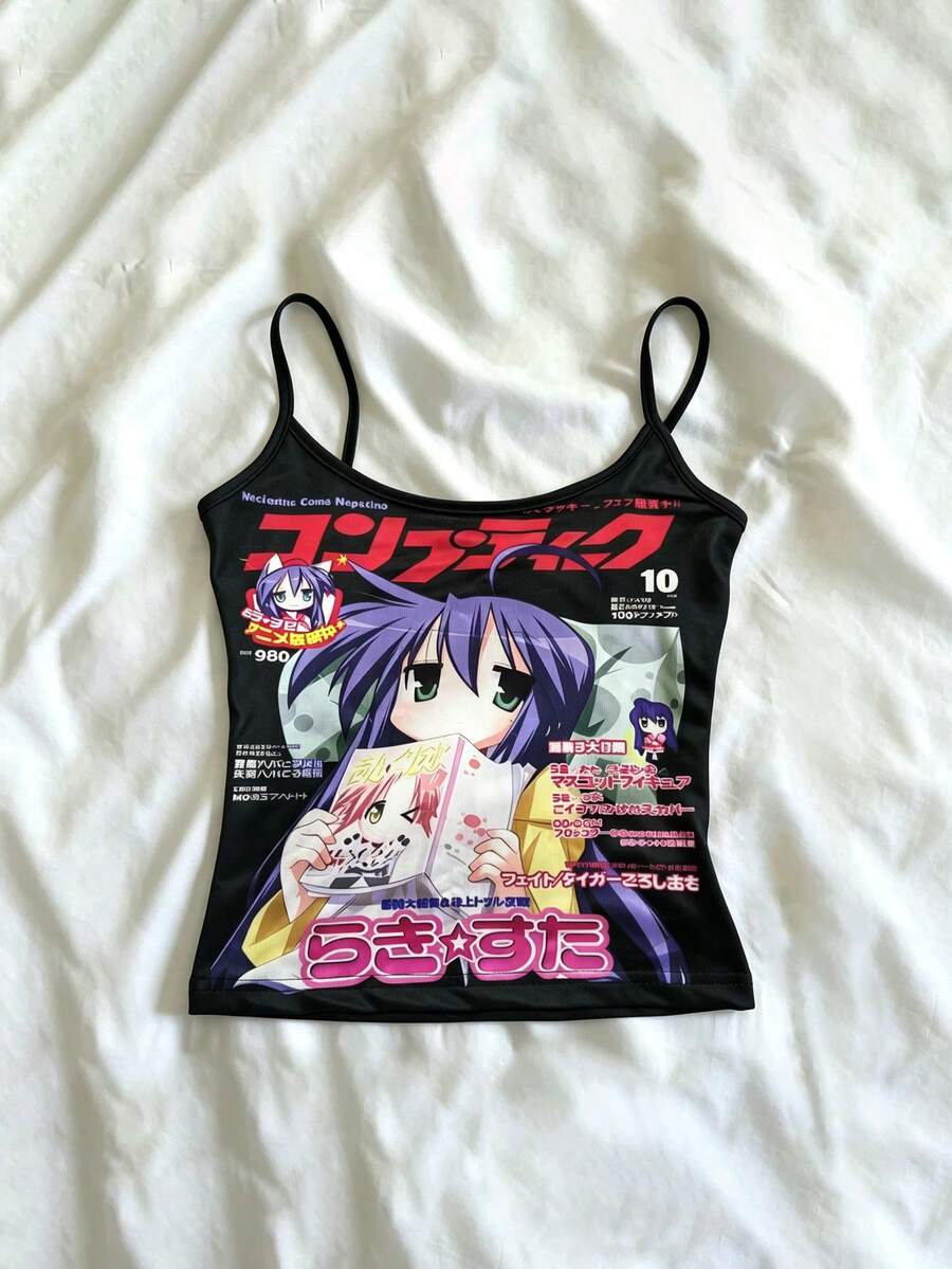 Women's Anime Pattern Camisole, Short Polyester High Elasticity Tank Top, Casual Y2K Style Magazine Print Sleeveless Top - Black - View 1