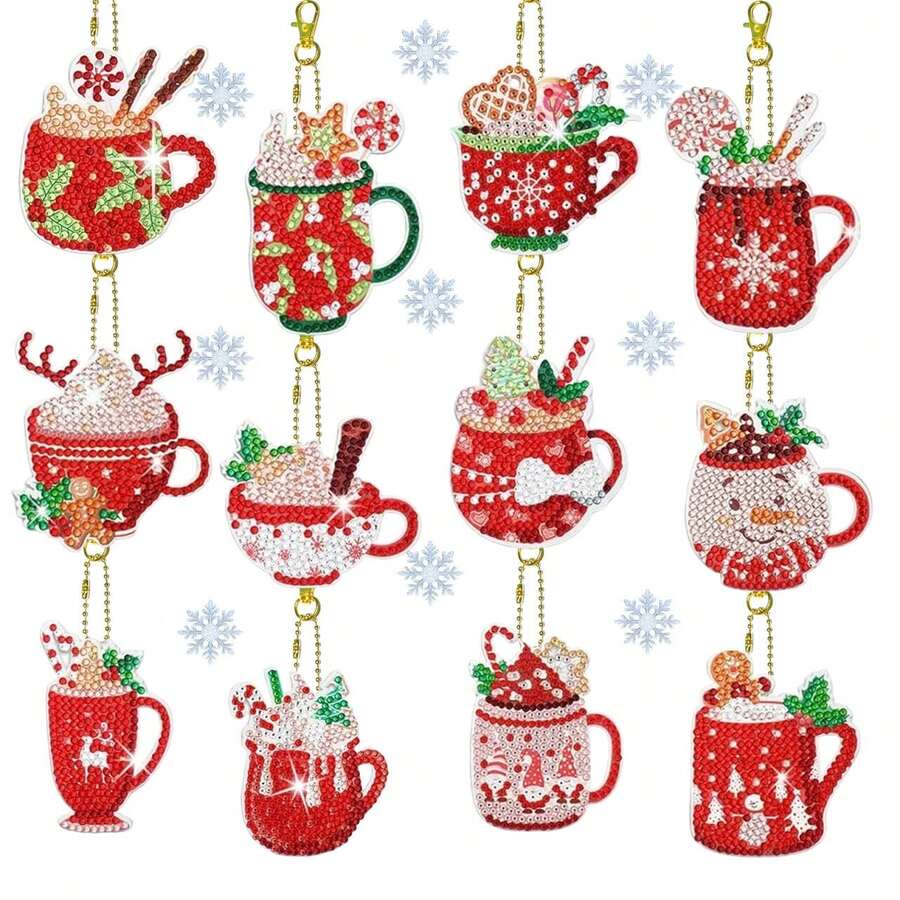 12pcs Christmas Diamond Art Keychain Set, Colorful Coffee DIY Gem Painting Keychains, Full Crystal Rhinestone Stickers, Suitable For Christmas Craft Supplies - Red - View 1