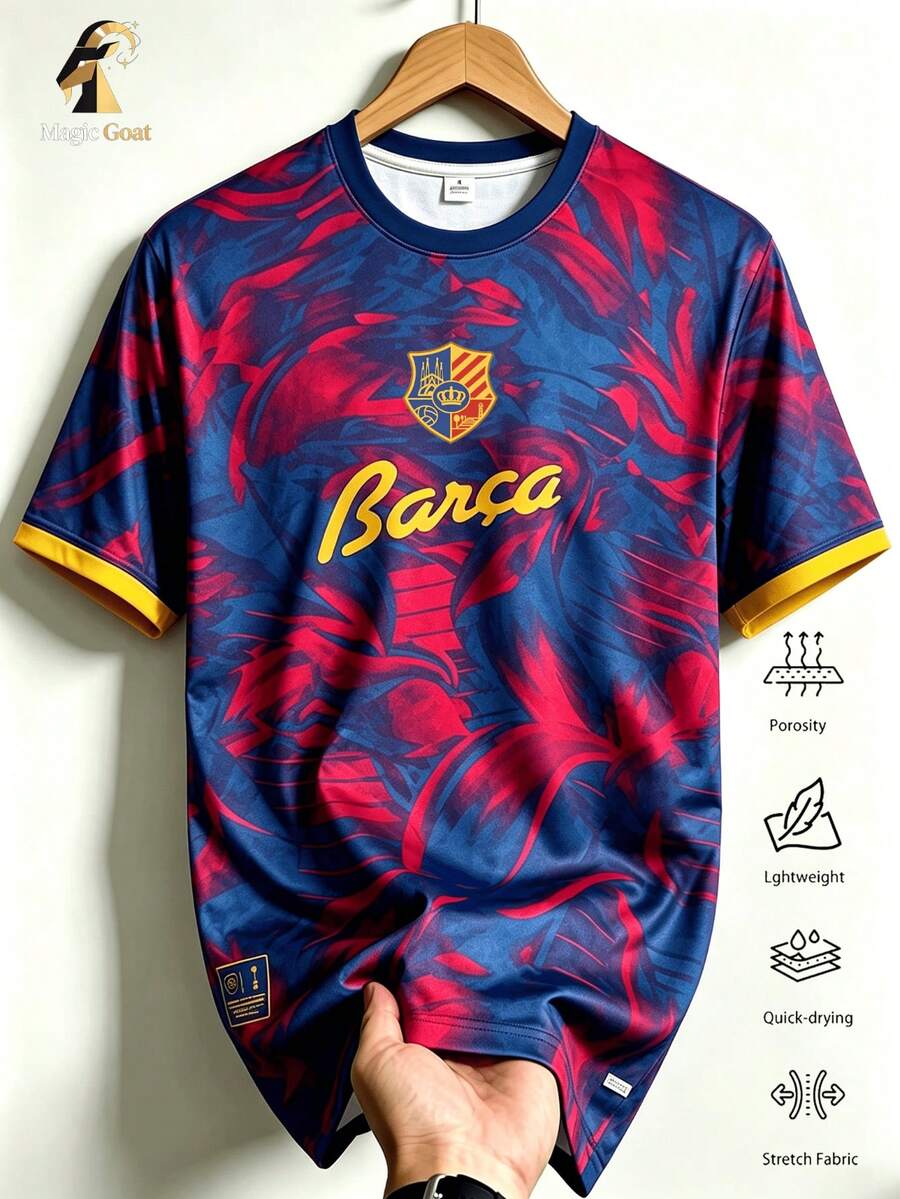 Men's Barcelona Camp Nou Inspired Tropical Leaf Pattern Quick-Dry Football Jersey, Lightweight Breathable Top, Suitable For Matches, Training And Daily Wear, Gift