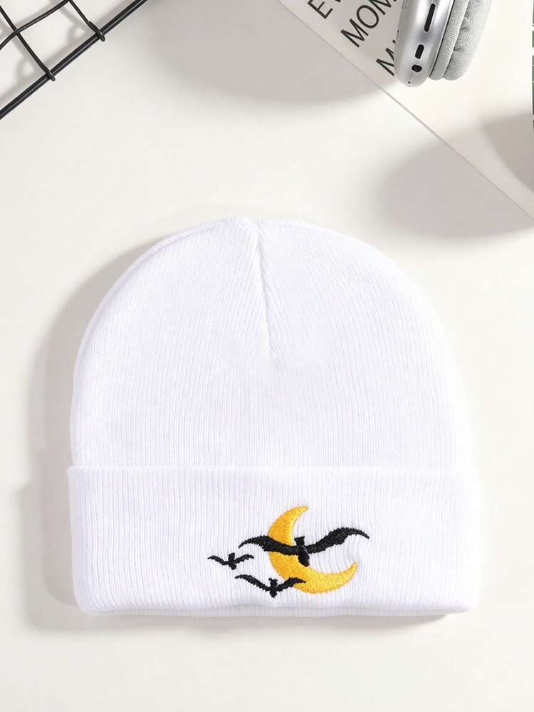 1件刺繡萬聖節蝙蝠針織毛帽，中性保暖萬聖節派對街頭滑板套頭帽，戶外休閒個性化防寒帽 - 白色 - 查看 14