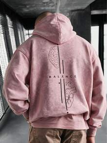 Men's Loose Drop Shoulder Distressed Washed Hoodie Sweatshirt, Autumn/Winter Brain & Heart Line Print Vintage Kangaroo Pocket Pullover - Pink - View 1