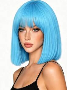 Blue Straight Wig, Clean And Sharp, Suitable For Various Party Events, European And American Cosplay Wig, Colorful Bob Cut With Straight Bangs, Short Straight Hair, Halloween Versatile Anime Full Head Wig - Blue - View 4