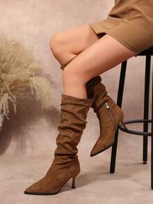 New Women's Fashion Elegant Pointed Toe High Heel Slouch Boots With Inner Zipper Knee-High Slimming Boots - Khaki - View 6