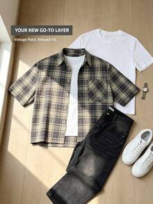 Men's Loose Fit Short Sleeve Plaid Shirt (With Buttons) - Blue - View 1
