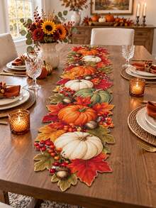 1pc Autumn Pumpkin Linen Table Runner, Harvest Theme Layered Pumpkin, Maple Leaf, Berry & Acorn Pattern, Asymmetrical Shape Rustic Farmhouse Style Dining Table Decor, Suitable For Thanksgiving Dinner, Autumn Party, Kitchen, Dining Table & Home Decoration - Multicolor - View 9