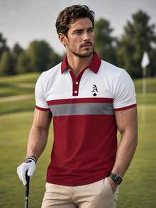 Men's Casual Sports Shirt - Contrast Print, Collar And Cuff Trim, Short Sleeve T-Shirt Red Summer - Red - View 1