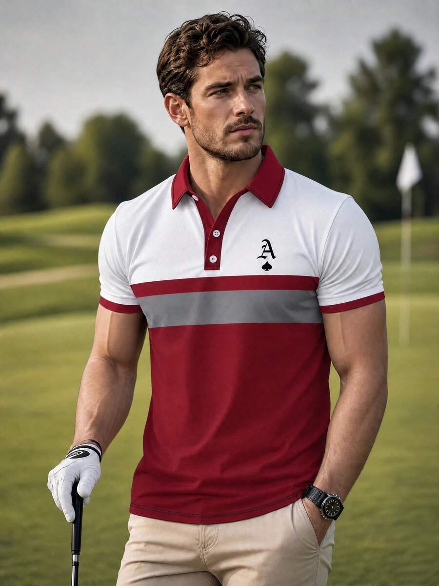 Men's Casual Sports Shirt - Contrast Print, Collar And Cuff Trim, Short Sleeve T-Shirt Red Summer - Red - View 1