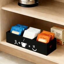 A Tea Bag Storage Box With Three Compartments, A Coffee Machine Box With A Handle On The Side, Perfect For Kitchen And Pantry Countertops, And A Wooden Storage Box Designed For Coffee Lovers - Black - View 5