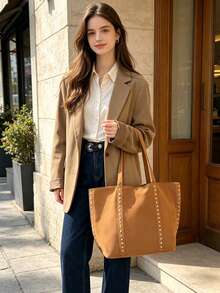 1pc Vintage Punk Rivet Tote Bag, Large Capacity Commuter Bag, Shoulder Handbag, Suede Open Top Bag, Daily Storage Bag, Suitable For Girls/College Students/Young People, Applicable For Commuting, Campus Outings, Daily Shopping - Multicolor - View 5