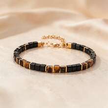 Tiger Eye Shield Energy Bracelet, Symbolizing Confidence And Success, Natural Stone Beads, Square Patchwork Vintage Business Style Unisex Couple Bracelet - Multicolor - View 2