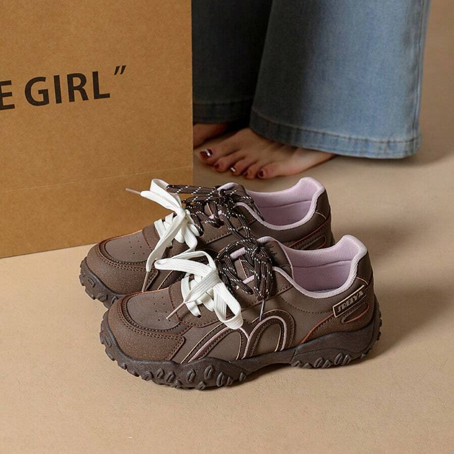 Women's Colorblock Hiking Style Casual Sports Shoes, Dual Lace Design, Thick Sole Rugged Outdoor Walking Shoes - Brown - View 1