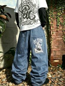 Men's Vintage Light Wash Big Pocket Wide Leg Jeans, Street Style Printed Loose Silhouette Denim Pants - Blue - View 4