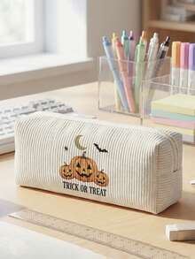 1pc Halloween Skull Jack-O'-Lantern Print Corduroy Pencil Case, Zipper Large Capacity Stationery Storage Pouch For Student School Daily Study - Multicolor - View 13