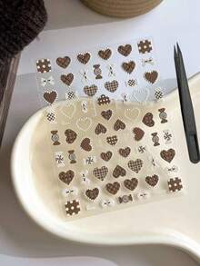 1pc Maillard Brown Plaid Heart Decorative Sticker With Tweezers, Laptop Sticker, Phone Decoration Sticker, Compatible With Phone Case, Tablet, Earphone Case, Vintage Atmosphere Decorative Sticker For Device Shell - Vintage Style - View 9