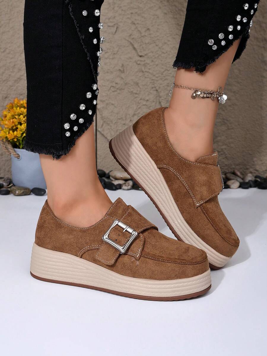 Women's Thick Sole Minimalist Wedge Loafers Comfortable Slip-On Shoes - Brown - View 1