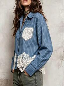 This Elegant Women's Long Sleeve Striped Shirt, Adorned With Delicate Lace Details, Regular Fit, Shirt Collar Design, Is The Perfect Choice For Autumn. - Blue - View 3