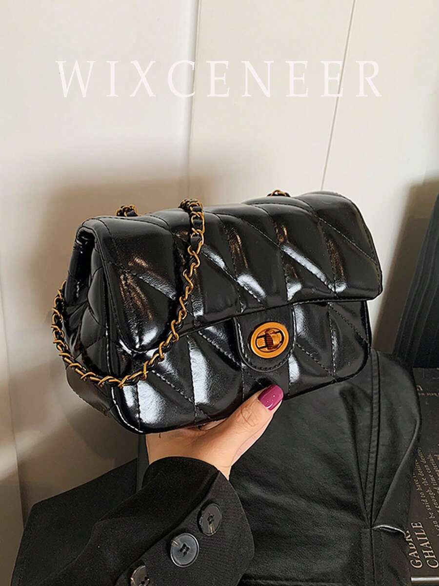 翻蓋方型包，女款時尚人造皮革手提包，時尚鏈條裝飾斜挎包