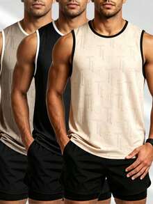 3pcs Men's Embossed Letter Embossed Sleeveless Vest, Fashion Contrast Trim Tank Top - Multicolor - View 1