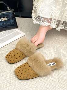 Women's Khaki Fluffy Indoor Slippers, Quiet Soft Sole, Winter Wearable Versatile Polka Dot Flat Fur Slippers, Anti-Slip Comfortable - Khaki - View 9