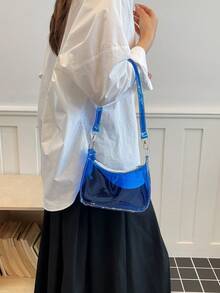女款透明PVC腋下包 夏季果凍包 清新單肩包 百搭Ins風極簡透明斜挎小包（拉鍊顏色隨機） - 藍色 - 查看 5