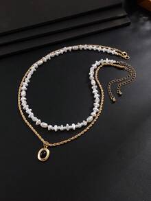 2pcs/Set Autumn Vintage Old Money Style Double Layer Stacked Necklace, Baroque Pearl & Black Agate Oval Pendant, Back To School Daily Gift Choker - Gold - View 7
