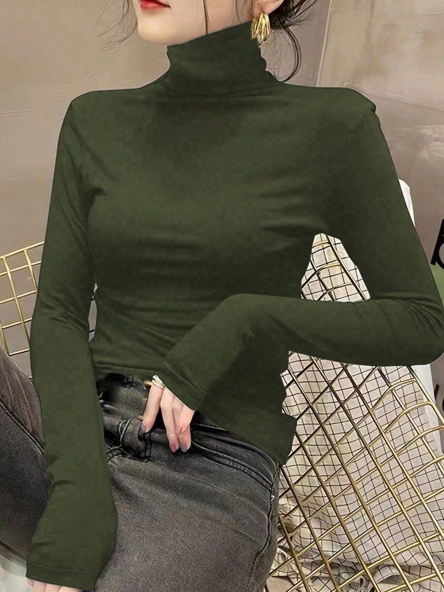 女款高領高領內搭上衣，2024新款，長袖黑色薄款上衣，適合春季、秋季、冬季