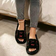 Women's Plush Open Toe Slippers, Red Bow Embroidery Decor, Warm & Non-Slip, Suitable For Indoor Bedroom Home Wear - Black - View 10