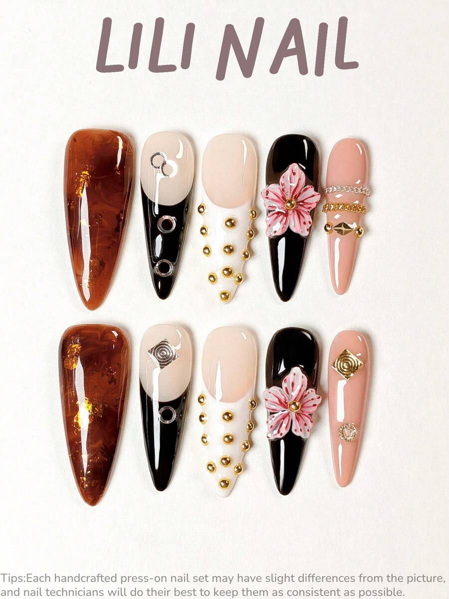 10 Pcs Handmade Press On Nails, Stiletto Nails, Blended Nails, Rhinestone Nails, Nail Foil, French Tip, Fall,3d Flower, Cute Nails, Nail Tips, Reusable Nail Set With Nail Tools, Ideal For Daily Commute, Party & Office Nail Set