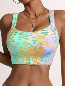 Dreamy Rainbow Leopard Print Crisscross Back Sports Bra Stable Support Suitable For Fitness And Streetwear Gradient Color Full Of Niche Design Sense - Multicolor - View 2