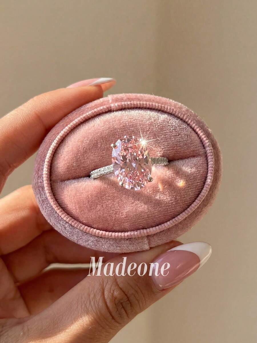 MADEONE 1pc 8*12mm Pear-Shaped 4-Prong Single Zirconia Ring, Women's Fashion Wedding Anniversary Gift Jewelry, Daily Date Decoration - Pink Stone - View 1