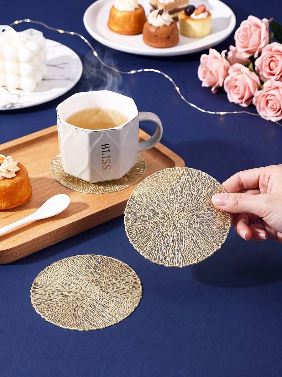 6-30pcs Gold PVC Round Coasters, Minimalist Style Coffee Cup Coasters, Washable, Easy To Clean, Wipeable, Non-Slip, Heat-Resistant, Suitable For Room Decor, Table Decor, Home Decor, Party Decor, Suitable For Holidays, Parties, Gatherings, Birthdays, Weddings, Gifts, Presents, Dinner Parties, Outdoor, Picnics. - Gold - View 1