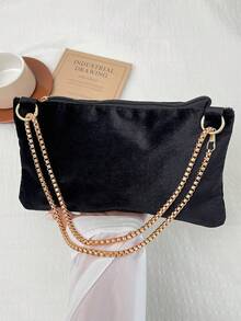 1pc Quilted Flap Closure Velvet Solid Color Envelope Clutch, Fashionable Bright Color Party Handbag, Laser Shiny Chain Shoulder Bag, Glossy Evening Banquet Small Square Bag, Perfect For Women's Dating, Party And Evening Event - Black - View 11