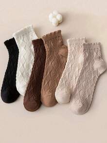 1/3/6/12/18 Pairs Women's Solid Color Diamond Pattern Short Socks, Breathable And Comfortable, With Lace Trim, Suitable For Spring, Autumn And Summer, Cute Socks - Multicolor - View 1