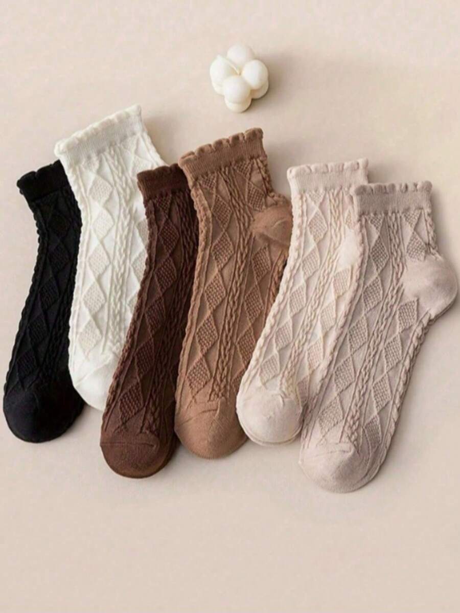 1/3/6/12/18 Pairs Women's Solid Color Diamond Pattern Short Socks, Breathable And Comfortable, With Lace Trim, Suitable For Spring, Autumn And Summer, Cute Socks - Multicolor - View 1