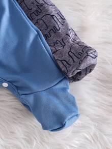 Autumn/Winter Cute Newborn Blue Elephant Print + Grey All-Over Elephant Print Romper 2-Piece Set, Soft Fabric, Suitable For Baby Boy Home Wear - Royal Blue - View 5